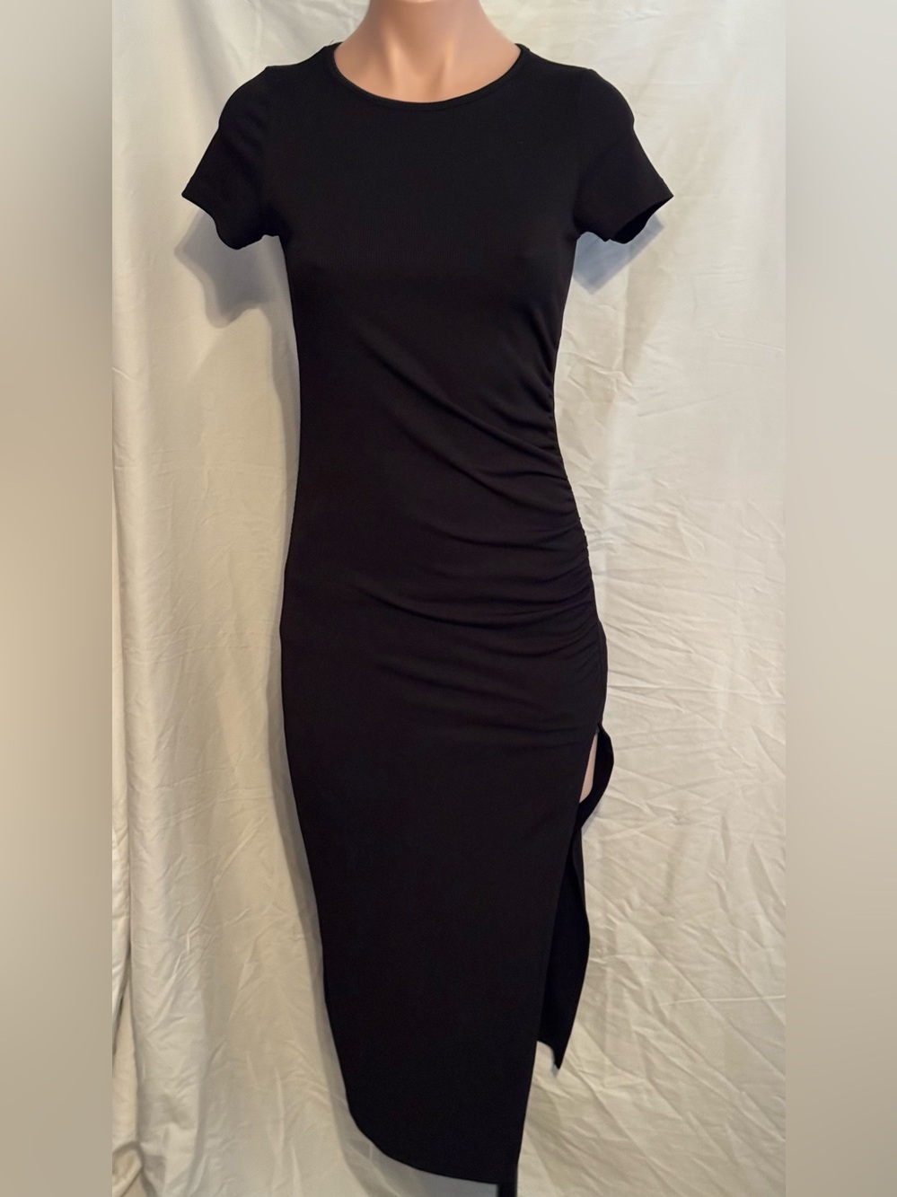 Black Ruched Side-Slit Midi Dress